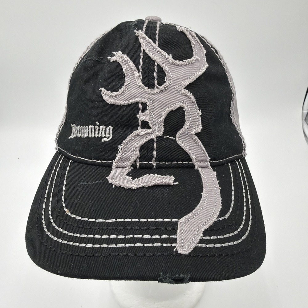 Browning Hat Baseball Cap Men Adjustable One Size Distress Black‎ Gray Buck Logo